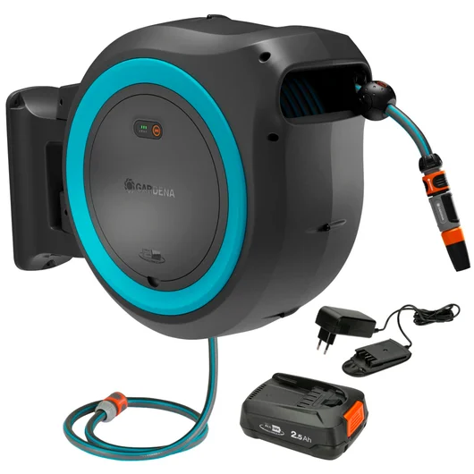 Dévidoir automatique mural sur batterie PowerRoll XXL 40/18V P4A, tuyau de 40 m, bleu turquoise - Kit prêt à l'emploi avec batterie.