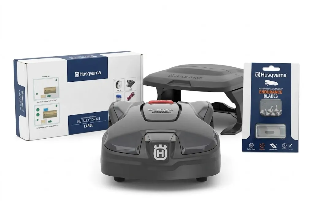 [967974012pack] PACK HUSQVARNA AUTOMOWER® 305 Mark II + Kit d'installation Medium + Abri + Pack de lames Endurance